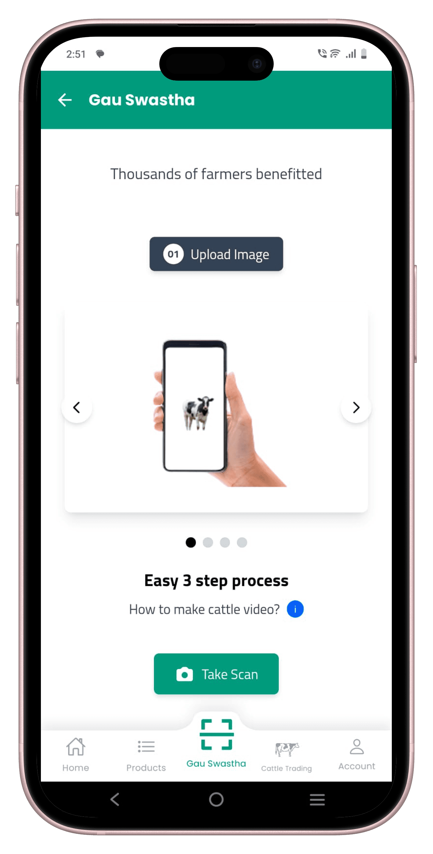 GauSwastha app scan entry screen showing upload and take scan options