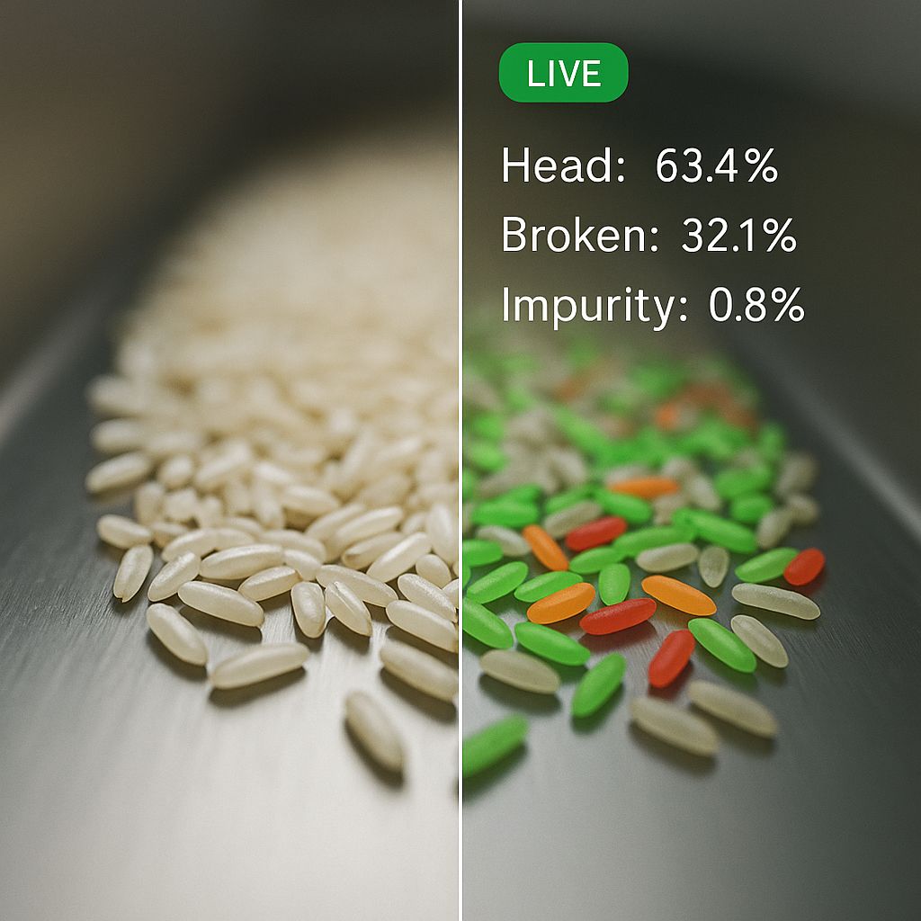 Rice grains with an overlay showing head-grain 63.4%, broken 32.1%, impurity 0.8% — OptiRice quality check