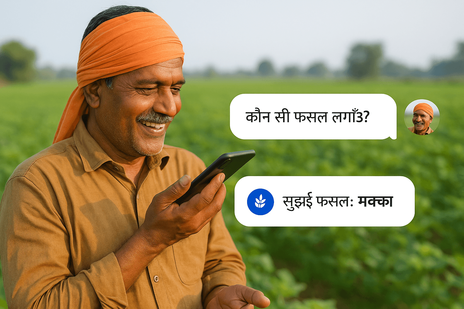 Farmer in an orange turban speaking to a phone in a green field, with a Hindi voice chat bubble asking which crop to plant