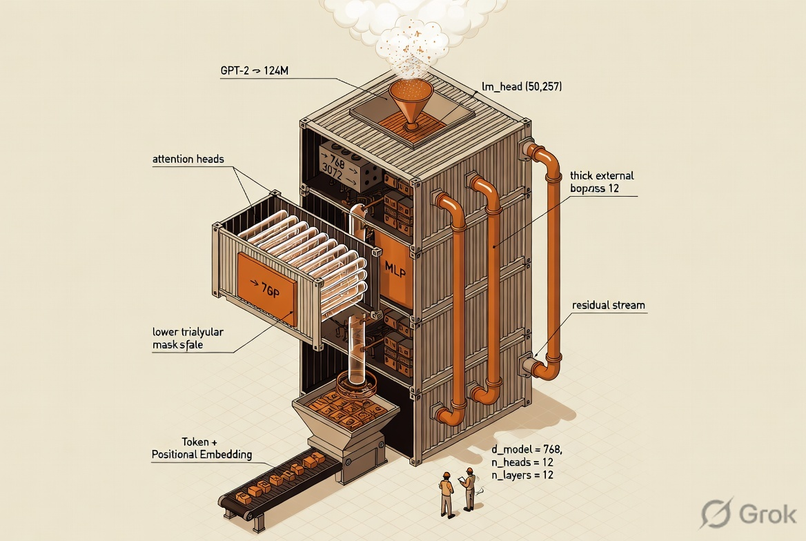 Isometric illustration of GPT-2 architecture rendered as a modular factory tower — transformer blocks stacked with attention heads, MLP chamber, residual bypass pipes, and a token-embedding conveyor at the base
